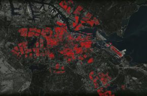 Kaart van Amsterdam voor het International Social Housing Festival. Hierop staan de woningen aangegeven die in de nabije toekomst energiezuinig gemaakt moeten worden.